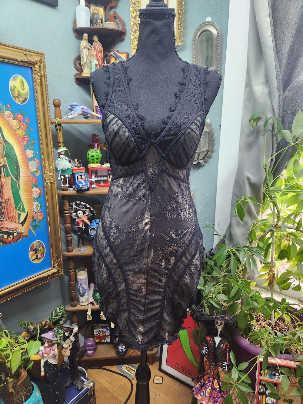 bebe Y2k Black Lace Mini Dress with Sheer Panels